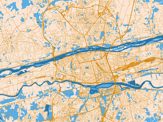 Fototapeta premium City map of Tours, France — light cream city field with mustard-gold linework and vivid blue lakes, rivers and waterways