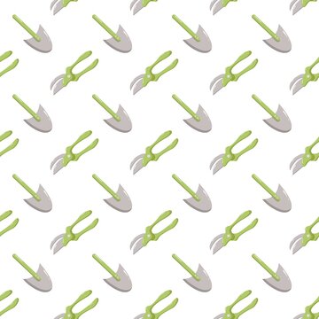 Seamless gardening pattern with pruning shears and trowels on white background, decorative design for plant care, horticulture, eco themes, textiles, wallpapers, and product packaging