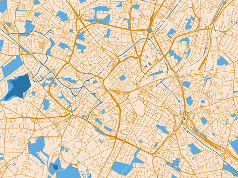 City map poster of Birmingham Center, United Kingdom &ndash; mustard-gold streets on cream