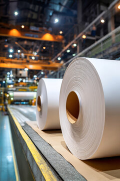 Large rolls of white paper are seen during production at a cardboard manufacturing plant with golden-brown roll in focus and industrial equipment in the background