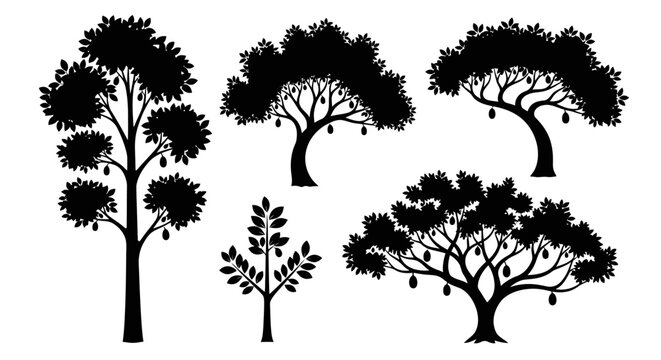 Silhouette Collection of Mango Trees with Fruits