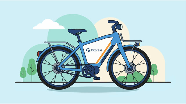Flat vector illustration of a modern electric bike used for delivery service, featuring a clean design with battery panel and cargo rack. Side view e-bike with minimal background 
