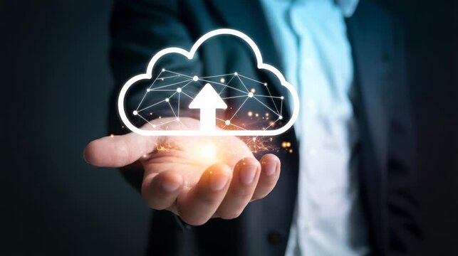 Cloud networking technology floating above human hand 