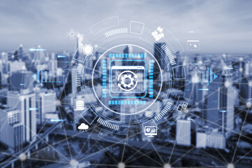 Fototapeta premium Modern Urban Landscape with Futuristic Digital Interface Overlay Featuring Cityscape and Technology Symbols in the Background Quark.
