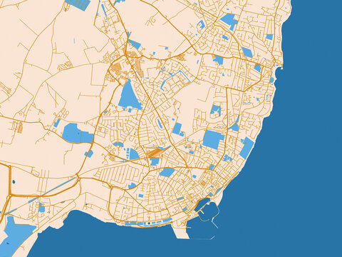 City map of Ramsgate, United Kingdom &mdash; warm cream background with golden road lines and bright blue water in a clean flat cartographic style
