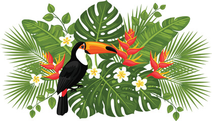 Obraz premium Toucan tropical illustration, exotic bird design, rainforest wildlife art, colorful foliage concept, biodiversity nature symbol, decorative jungle style, flat vector illustration