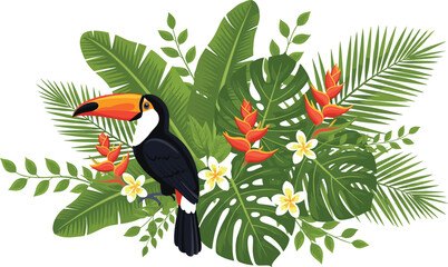 Obraz premium Toucan tropical illustration, exotic bird design, rainforest wildlife art, colorful foliage concept, biodiversity nature symbol, decorative jungle style, flat vector illustration