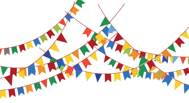 Colorful triangular flags hanging in rows against a white background, creating a festive atmosphere with Baishaki decorations.