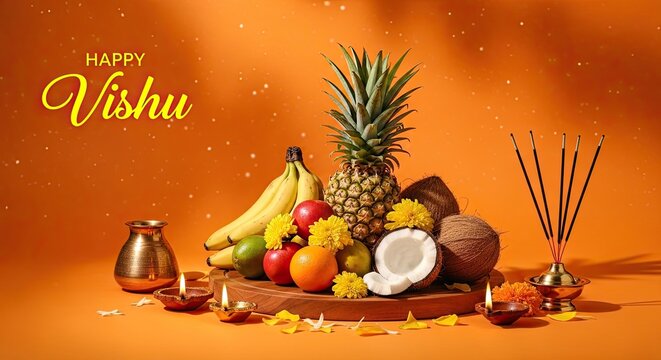 Happy vishu wishes with traditional kerala fruits and decorations
