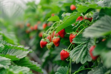 Obraz premium Ripe red strawberries growing on green plants in a cultivating greenhouse