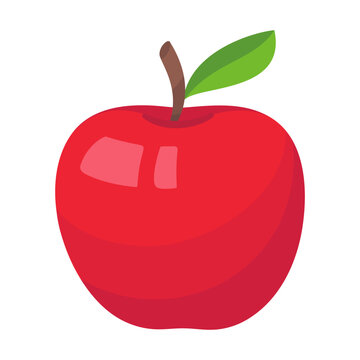 Cartoon illustration of a vibrant red apple with a brown stem and green leaf isolated