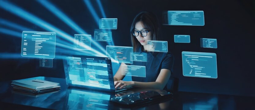 AI Programming Interface &mdash; Software Development and Coding Concept. High-end cinematic programming scene with glowing code interface and digital panels. 12