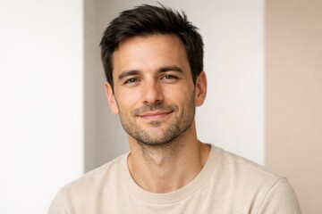 Fototapeta premium Close-up portrait of a smiling young man with dark hair and stubble