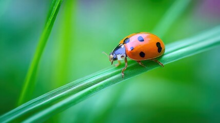 Fototapeta premium A Vibrant Orange Ladybug with Black Spots Perched on a Lush Green Blade of Grass in Natural Sunlight
