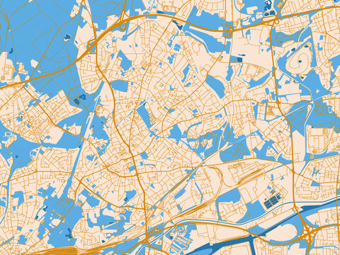 Street map of Bottrop, Germany in golden linework with blue water