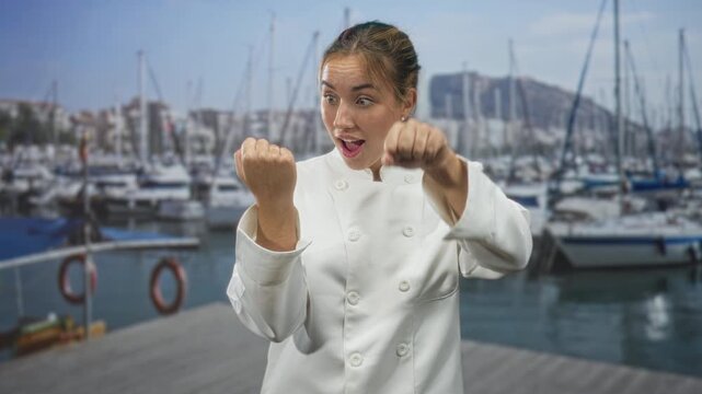 Woman chef showing fist and punching with hand at marina pier while pointing middle finger in one frame; playful defiance.