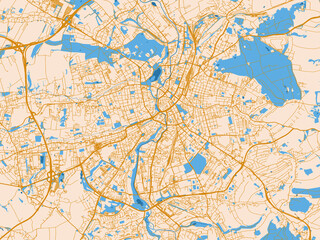 Fototapeta premium Cartographic city illustration of Chemnitz, Germany — light cream city field with mustard-gold linework and vivid blue lakes, rivers and waterways