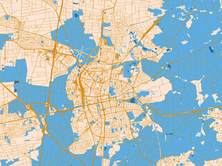 Fototapeta premium Cartographic city illustration of Darmstadt, Germany — minimal parchment-toned map with golden street network and sky-blue water areas