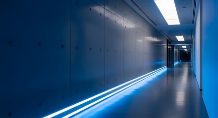 Obraz premium futuristic blue minimalist corridor with neon lighting in modern building