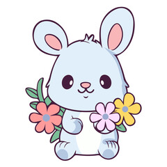 Fototapeta premium A cute cartoon bunny holding colorful flowers in a playful and cheerful illustration