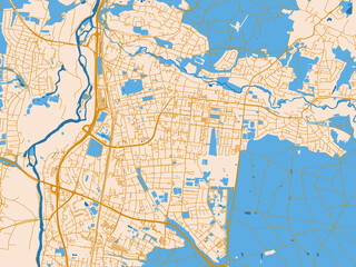 Naklejka premium Street network map of Erlangen, Germany, golden linework with blue water