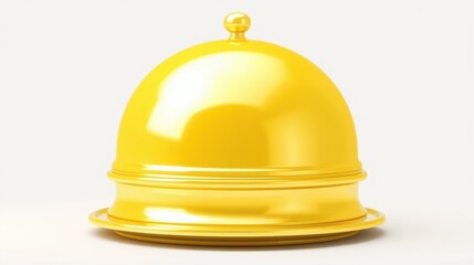 Fototapeta premium Golden cloche sits upon plate. Shiny surface reflects light, creating smooth presentation. Elegant food cover.
