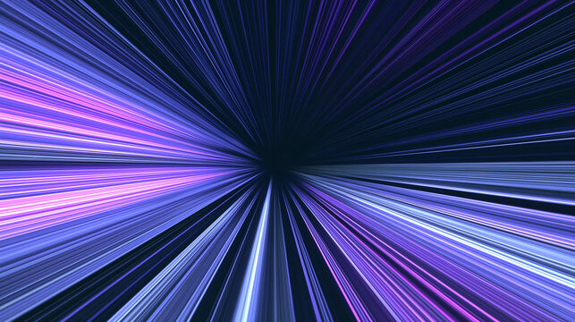 暗闇の中心から紫と青の光線が放射状に放たれるワープ空間のようなデジタル抽象背景