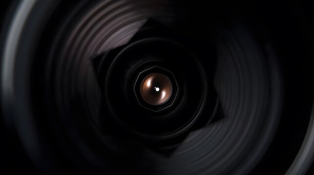 A technical macro shot of a lens aperture diaphragm closed down to a small f-stop, forming a perfect hexagonal shape with overlapping iris blades.