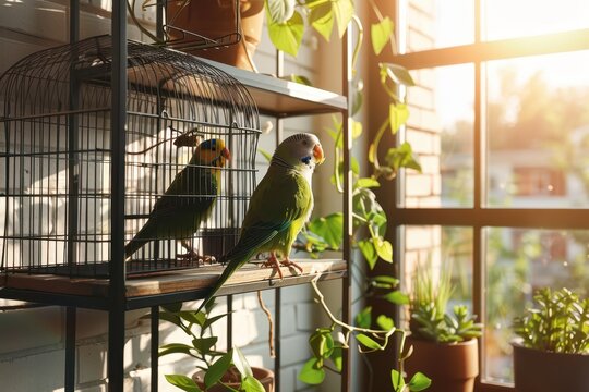 Green pet parrots standing by window among houseplants, one inside a cage