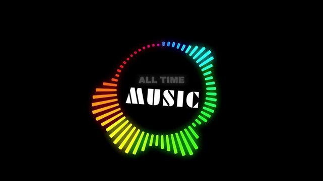 Audio spectrum analyzer waveform with all time music text, abstract motion background.
