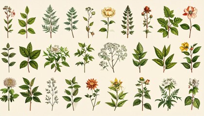 Fototapeta premium Vintage Botanical Illustration of Various Flowers and Plants.