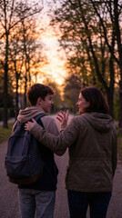 Fototapeta premium Mother walking with teenage son at sunset talking in park. Concept of family connection outdoor bonding, parenting communication, trust relationship and emotional support in everyday life.