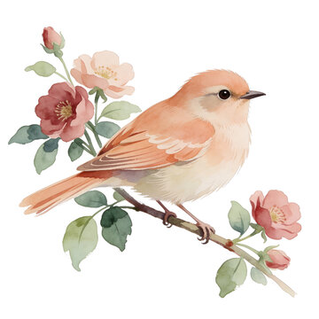 Watercolor Bird on Floral Branch, Botanical Illustration