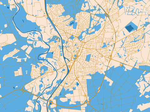 Minimal city map of Lingen, Germany with golden linework with blue water