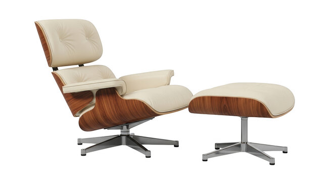 Eames lounge chair and ottoman with cream leather upholstery and walnut wood shell isolated on transparent background