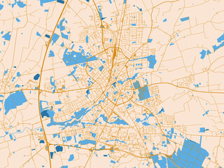 Fototapeta premium Cartographic city illustration of Neumunster, Germany — warm cream background with golden road lines and bright blue water in a clean flat cartographic style