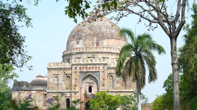 Architectural details of a heritage monument at Lodhi Garden, set amidst beautiful landscaping in Delhi, India.