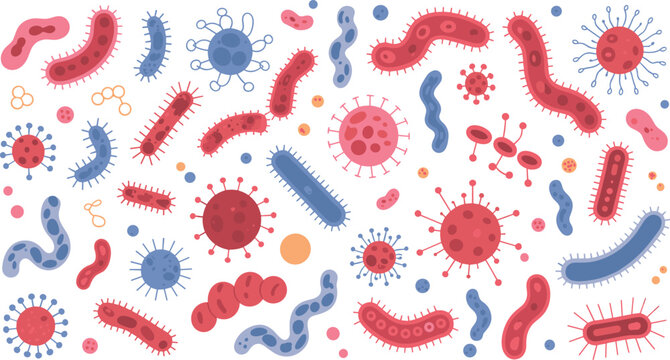 Colorful cartoon bacteria and virus microbes seamless pattern microbiology germs infection pathogens medical science background healthcare biology illustration design