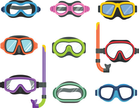 Set of diving mask and snorkel icons, colorful swimming goggles for summer vacation on white background