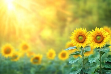 Obraz premium A field filled with vibrant sunflowers under a bright blue sky, capturing summer s joyful essence.
