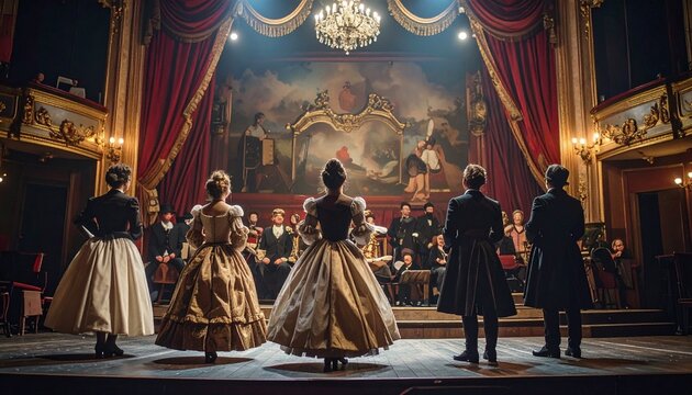 Dramatic Theater Scene Featuring Actors in Costumes During Rehearsal with Classic Stage Props and Artistic Elements Highlighting World Theater Day Awareness