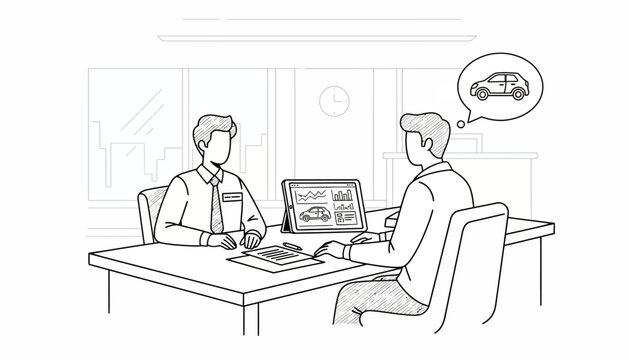 Professional Car Sales Consultation Illustration Salesperson presenting vehicle options and features on a digital tablet to a prospective buyer at an office desk