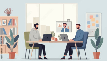 Fototapeta premium Two colleagues engaged in a hybrid business meeting, collaborating in a modern office space with a remote team member joining via video conference call on a screen