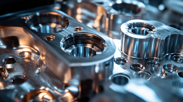 High precision CNC machined steel components with polished surfaces and intricate bores for industrial engineering and manufacturing applications in the aerospace or automotive industry