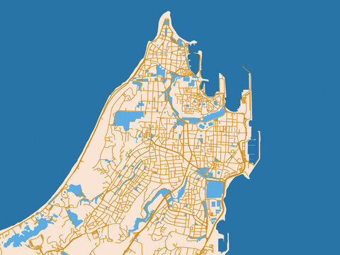 Street map of Rodos, Greece in mustard-gold streets on cream