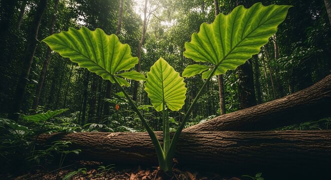 Exotic aroid plant beside fallen log in rainforest, editorial nature photography for botanical exploration and environmental storytelling