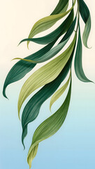 Obraz premium Elegant Long Green Leaves Hanging over Soft Blue and Cream Gradient