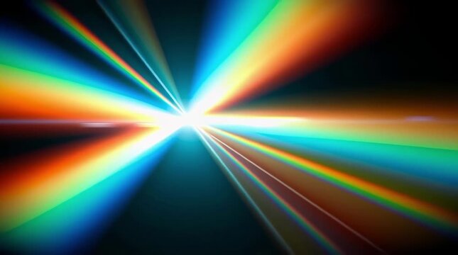 Light, Spectrum and Rainbow Burst with Vibrant Colors Radiating from Central Point, Abstract Energy Flowing Outward in Dynamic Pattern. Optics, Refraction and Diffraction with Colorful Lens Flare