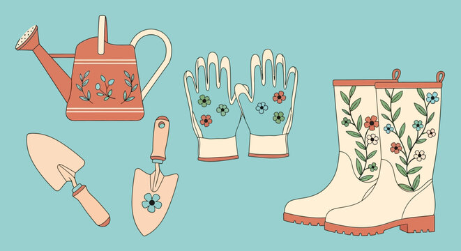 A set of gardening tools and accessories with floral designs