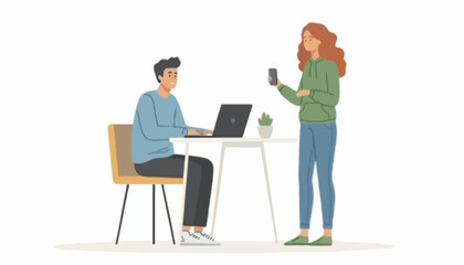 Fototapeta premium Young man and woman interacting in a modern office setting, focused on technology and collaboration